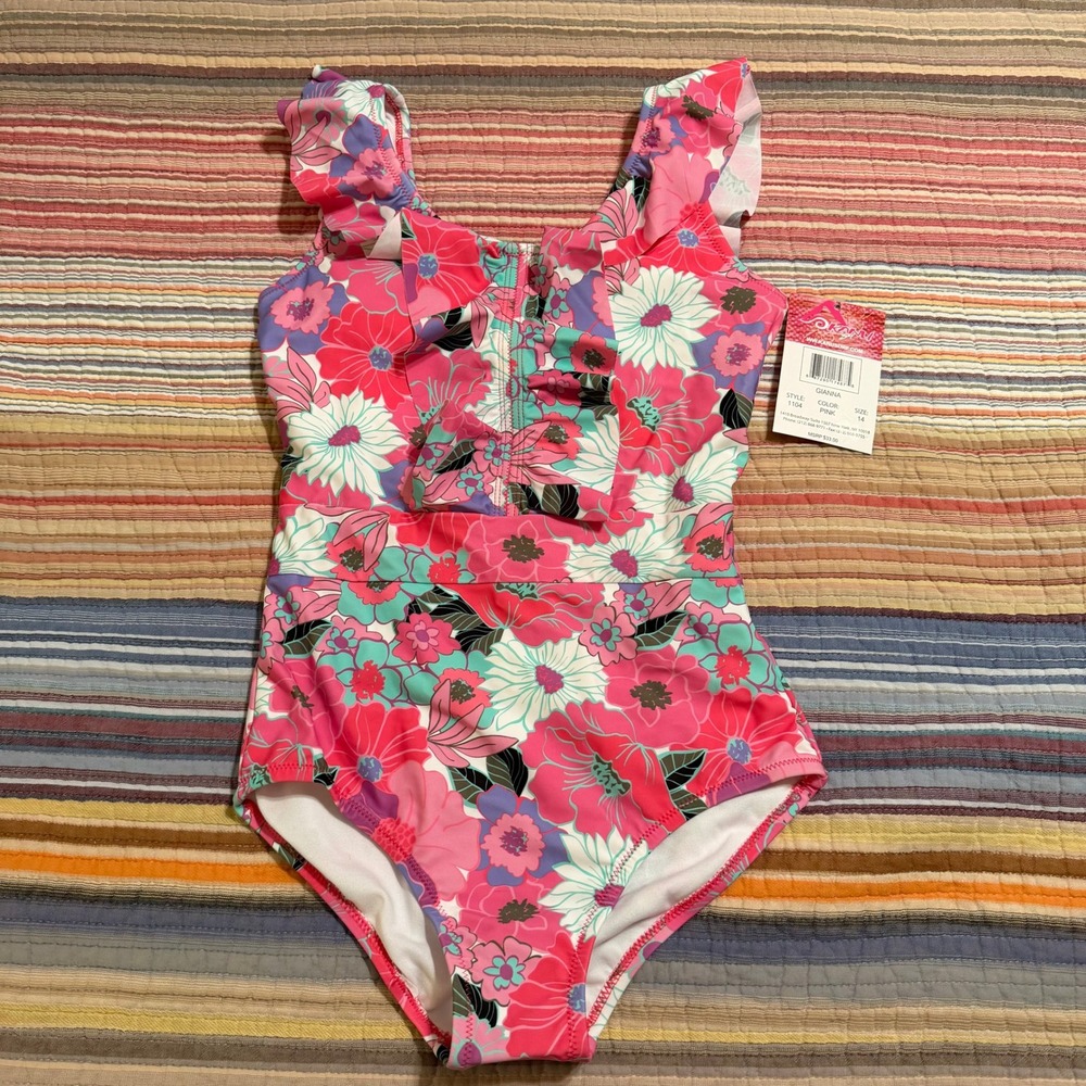 Okami Gianna Girls Pink Floral Ruffle One Piece Swimsuit Size 14 NWT 1104
